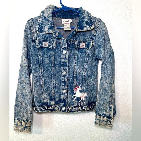 Little Lass Toddler Girls Denim Acid Wash Jean Jacket Size 6 Unicorn Sequins - Picture 1 of 3